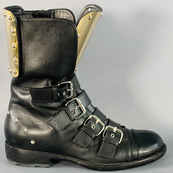 GIUSEPPE ZANOTTI Size 7 Black Gold Leather Metal Buckles Lace-Up Zipper Boots main image 7